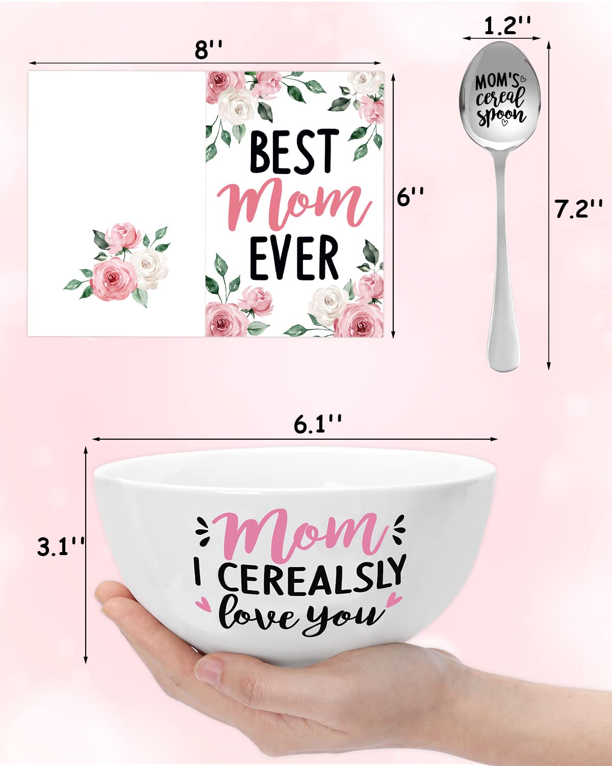 Mom'S Cereal Bowl And Spoon Set With Best Mom Ever Greeting Card Christmas Mother'S Birthday Engraved Gift Box Basket Idea For H