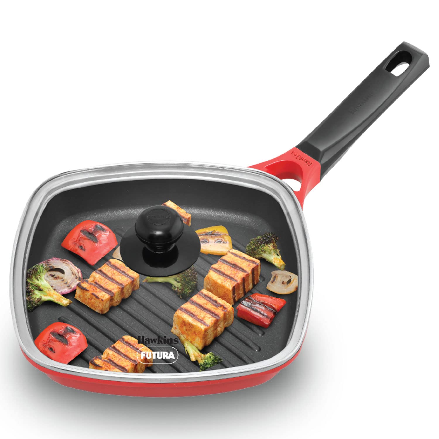 Hawkins 26 cm Grill Pan, Non Stick Die Cast Grilling Pan with Glass Lid, Square Grill Pan for Gas Stove, Ceramic Coated Pan, Roa