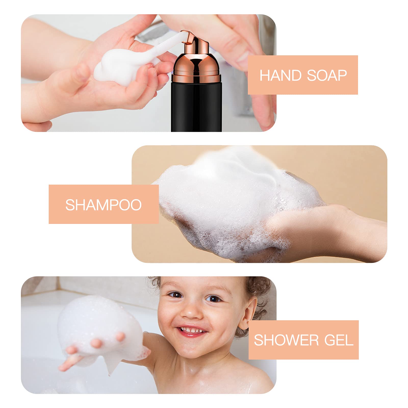 2Oz Foam Pump Bottle (3Pcs) Empty Travel Foaming Dispenser For Hand Soap, Lash Cleanser, Shampoo (60Ml, Rose Gold &Black