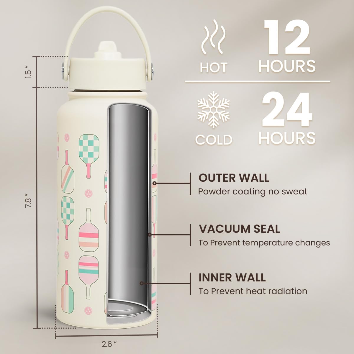 SANDJEST Pickleball Water Bottle 32oz Stainless Steel Insulated Vaccum with Lid, Pickleball Gifts for Pickleball Players, Pickle