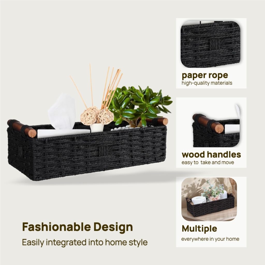 Black Paper Rope Storage Basket with Handle, Handwoven Wicker Organizer for Bathroom, Toilet Tank Top, Countertop & Back of Toil