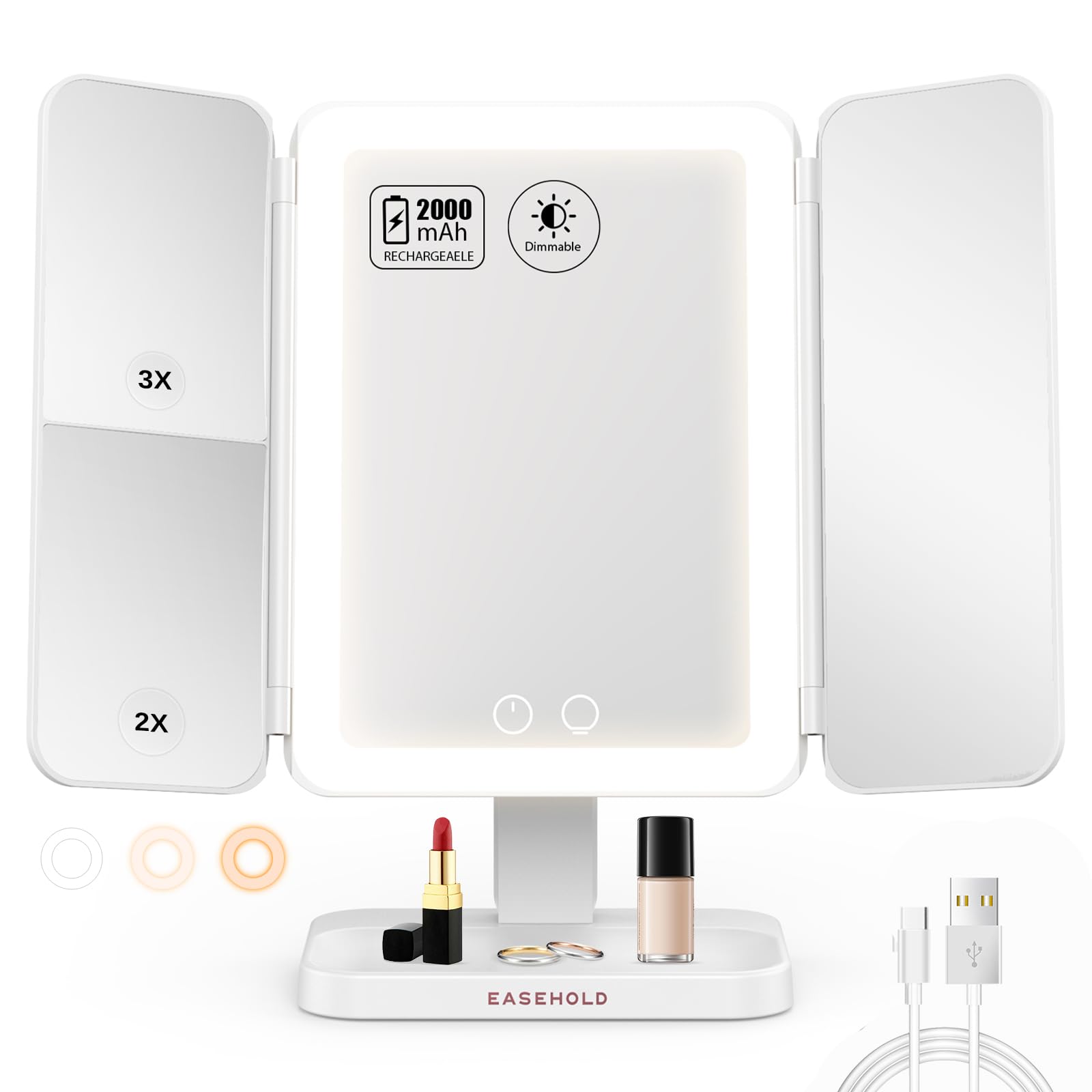 Easehold Makeup Mirror With Lights, 2X 3X Magnification, Lighted Makeup Mirror, Rechargable 2000Mah Mirror, Vanity Mirror With 6