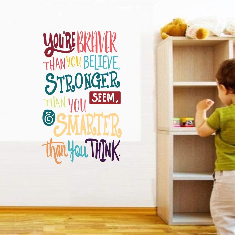 Colorful Inspirational Quote Wall Decal-You?re Braver Than You Believe Stronger Than You Seem Smarter Than You Think  Positive Quote Sticker for Kids Room Nursery Classroom Decor