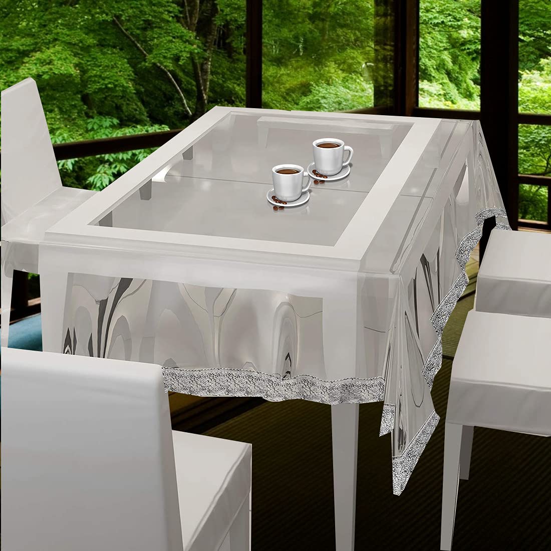 Dasvilla PVC Transparent Dining Table Cover with Lace Rectangle Table Cover (46 Seater for 54x78, Silver LACE)