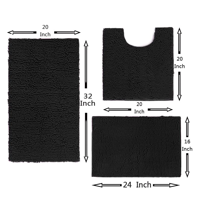 Madeals Bath Rug Set 3 Piece Bathroom Contour Rugs Combo  Soft Shaggy 2 Piece Bath Shower Mat and U-Shaped Toilet Floor Rug Black