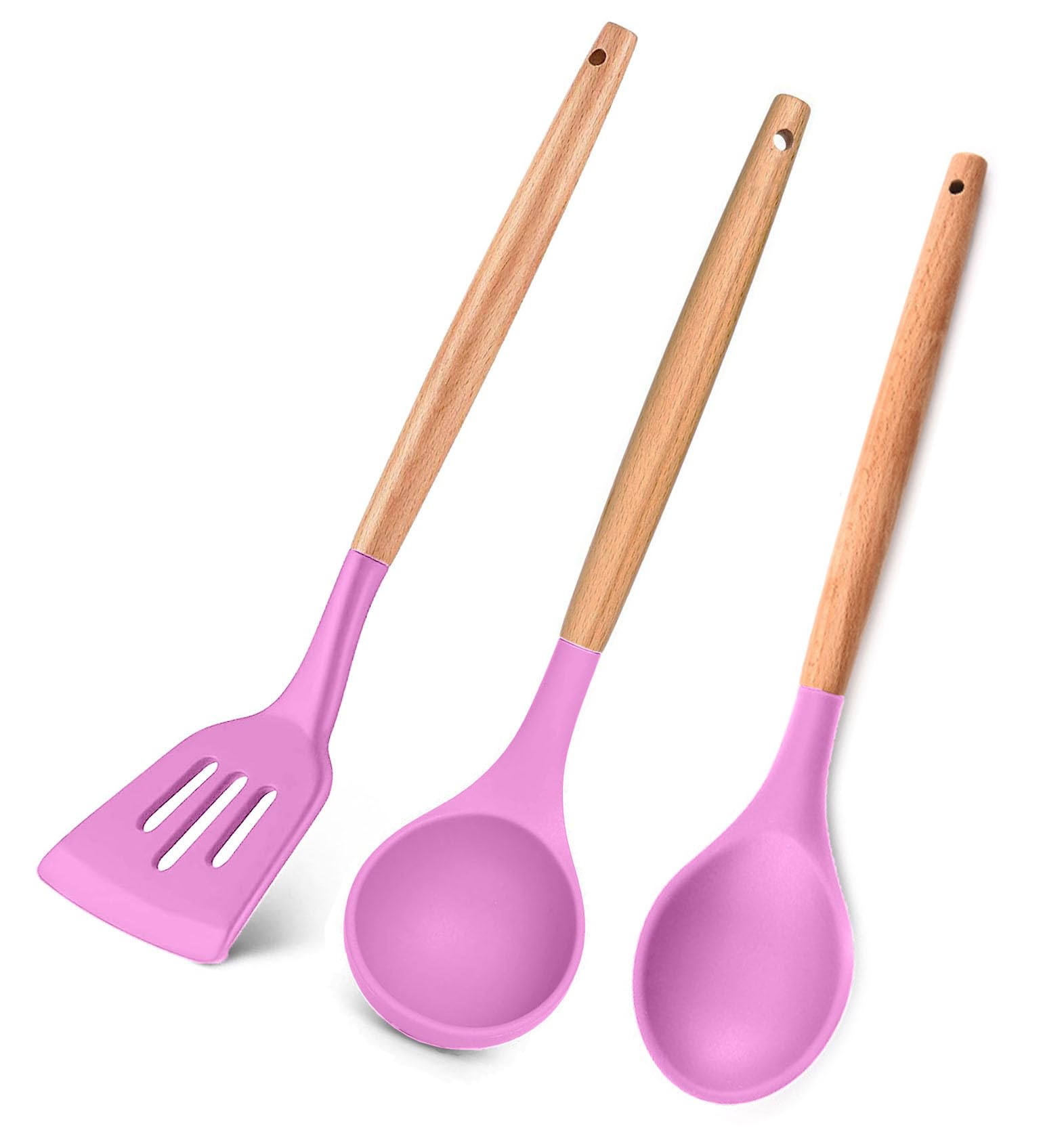 Fs Cool Set Of 3 Silicone Cookware, Wood Handle, Nonstick Cookware, Heat Resistant Cookware Solid Spoon, Soup Ladle, Slotted Tur
