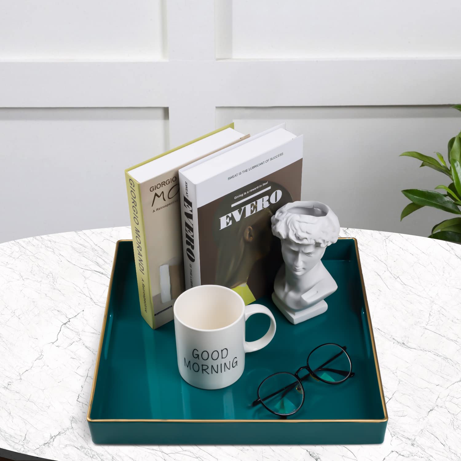 MAONAME Decorative Tray  Green Serving Tray with Handles  Coffee Table Tray  Square Plastic Tray for Ottoman  Bathroom  Kitchen  13''x13''x1.57''