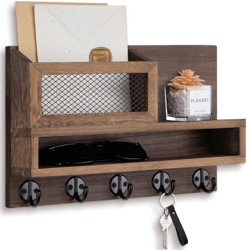 Framing Hub  Wall Mounted Multipurpose Big Wooden Key Holder Organizer with Storage Shelf | Rustic Brown Entryway Key Stand wit