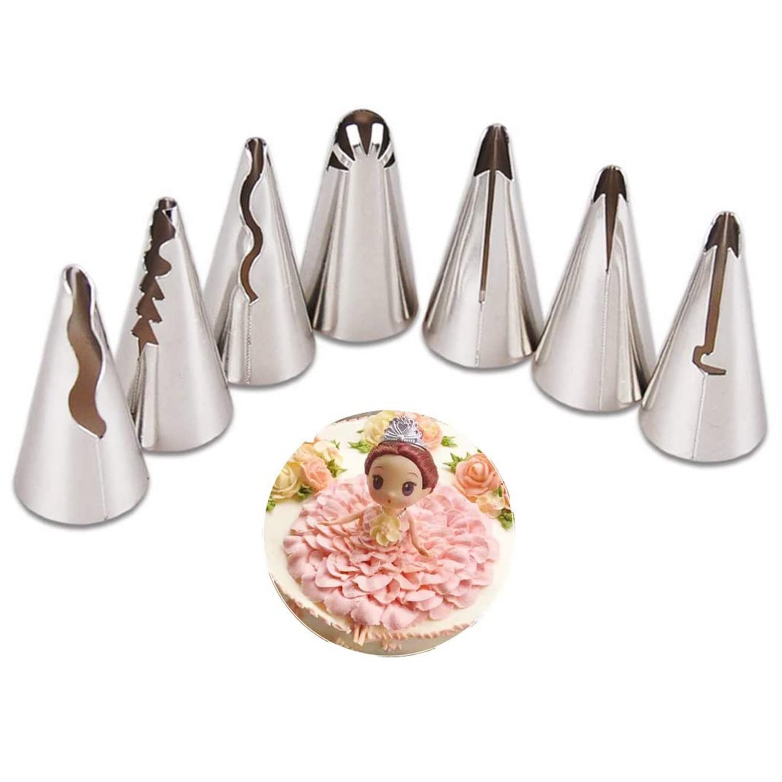 Roseflower 7 Pcs Skirt Piping Tips Set - Stainless Steel Piping Nozzles Kit For Pastry Cupcakes Cakes Cookies Decorating Supplie