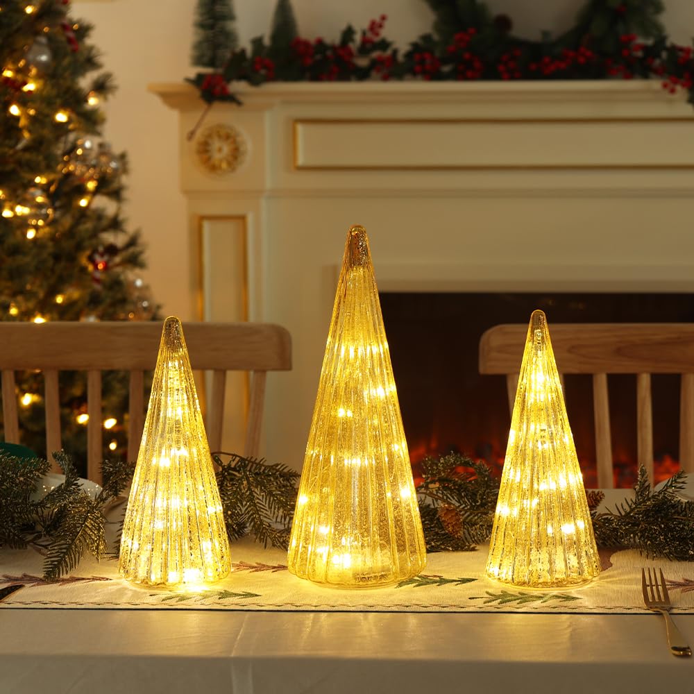YEAHOME Christmas Decorations Indoor, Set of 2 Glass Christmas Trees with Lights for Home Decor, Christmas Table Decorations Xma
