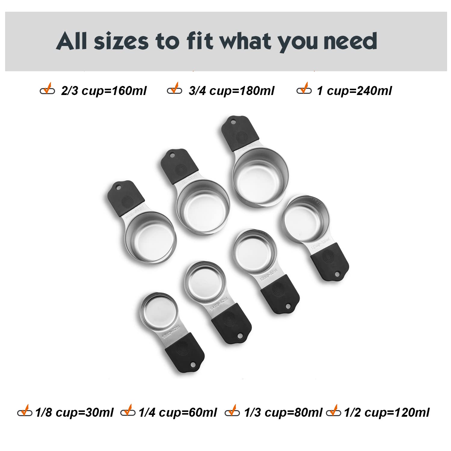 Magnetic Measuring Cups Set, 7 Pieces 18/8 Stainless Steel Stackable Nesting Heavy Duty Metal Measure Cups, Silicone Handle Kitc