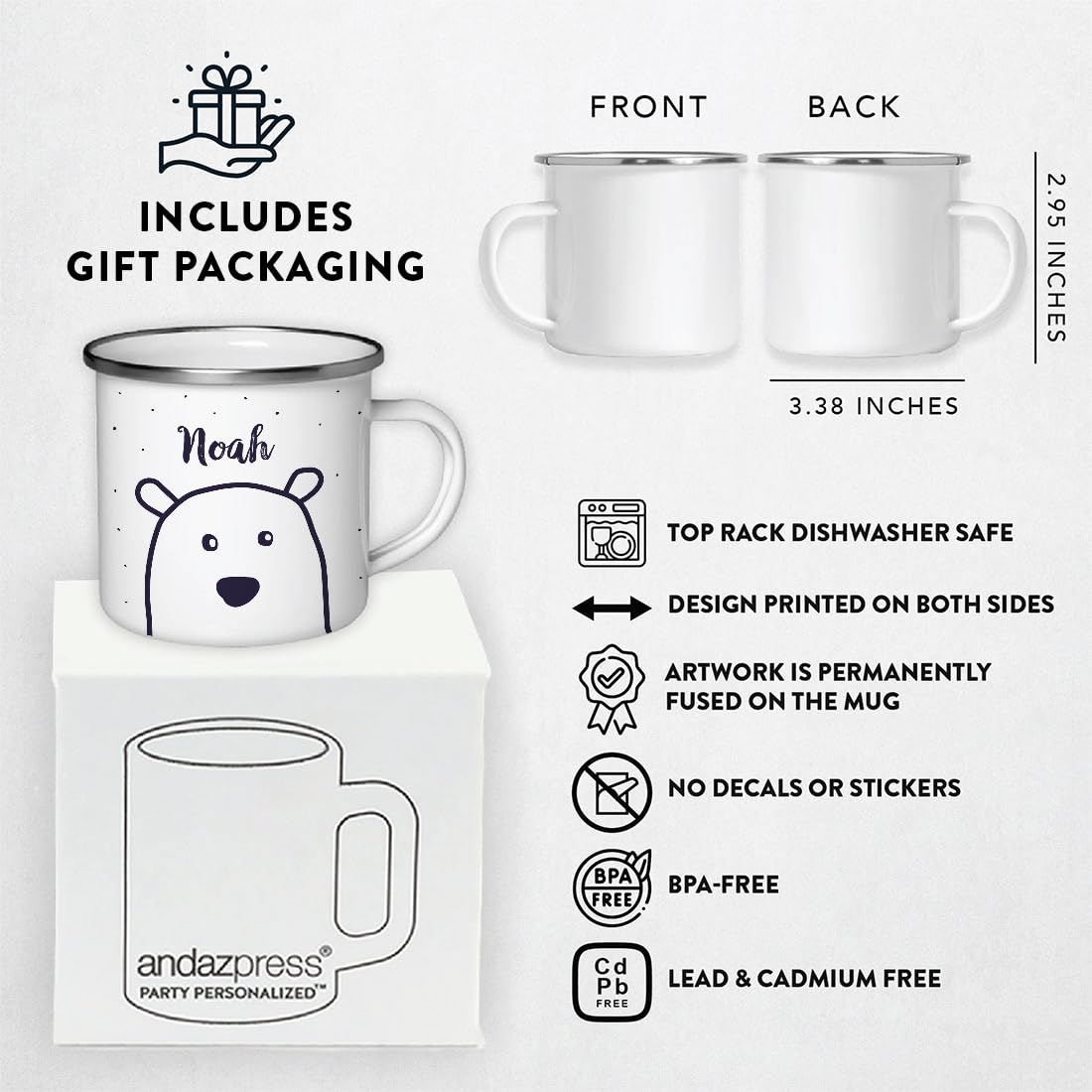 Andaz Press Personalized 11Oz. Christmas Hot Chocolate Stainless Steel Campfire Coffee Mug Gift, Polar Bear, 1-Pack, Custom Name