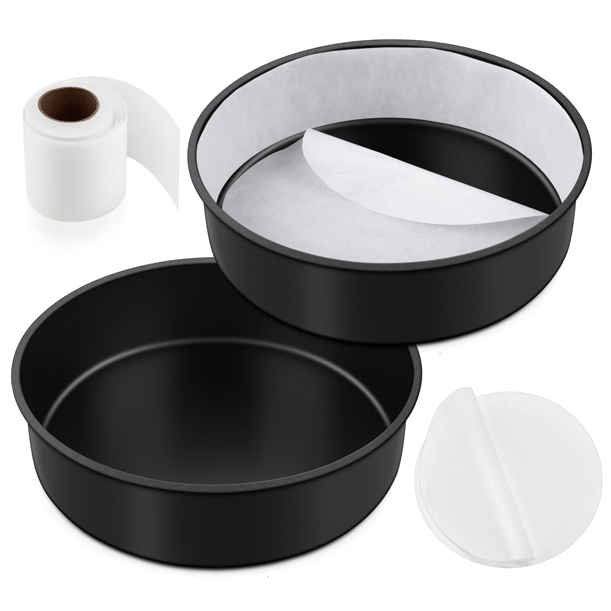 E-Far 9.5 Inch Cake Pans Set Of 2, Nonstick Stainless Steel Small Round Baking Pans With Parchment Paper & Side Liner Roll, Stai