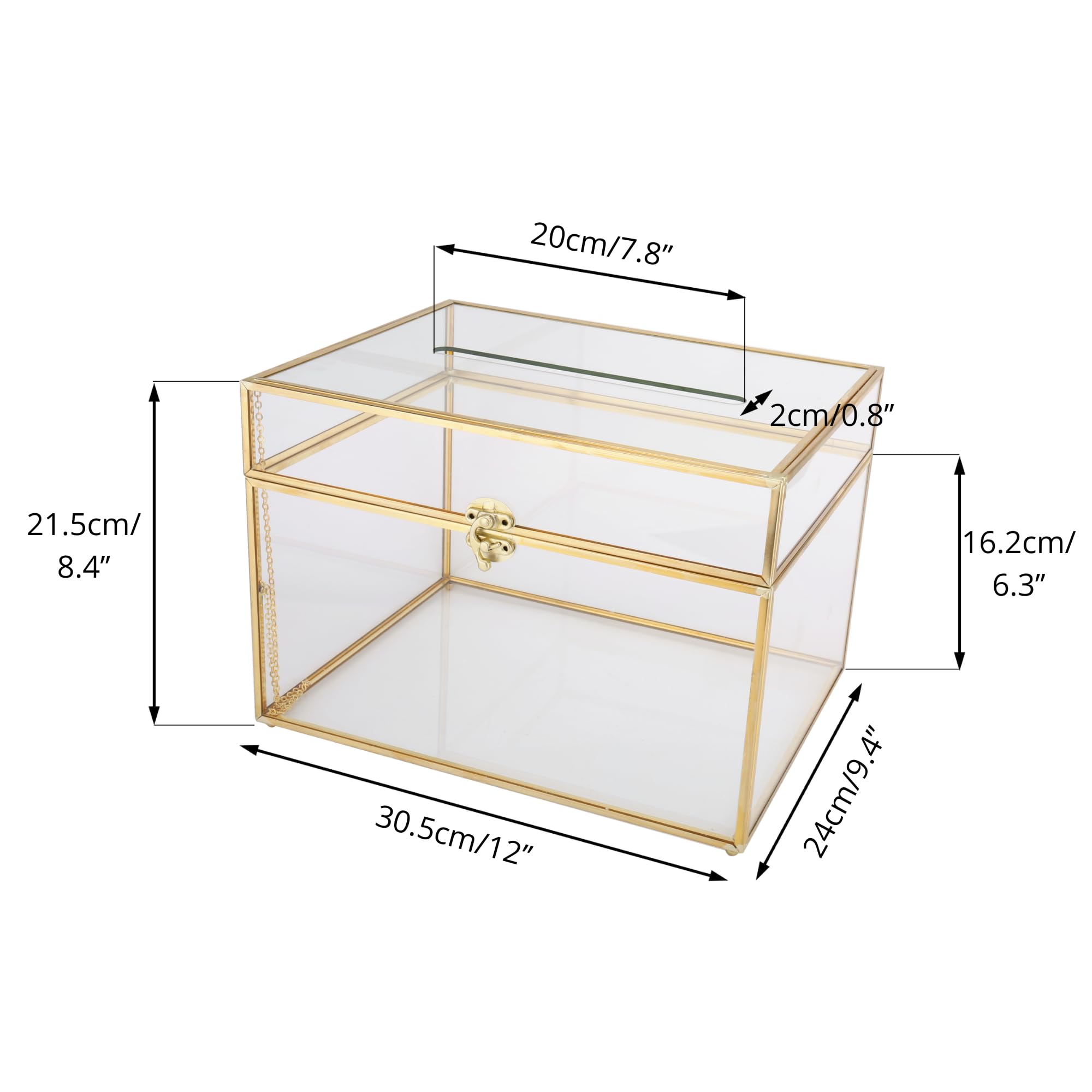 NCYP Large Glass Wedding Cards Box with Slot for Party Reception, 12 x 9.4 x 8.4 Home Tabletop Clear Decor, Gold Centerpiece, Ke