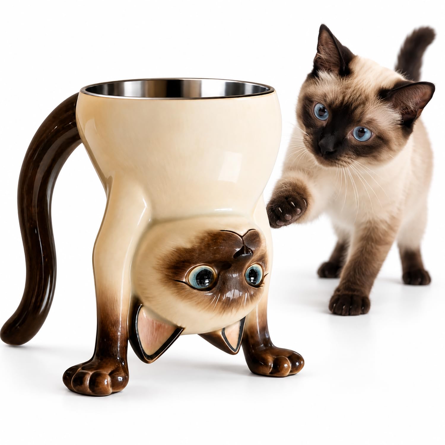 FACE N FACE Upside Down Siamese Cat Mug, Coffee Cup & Ice Cream Holder