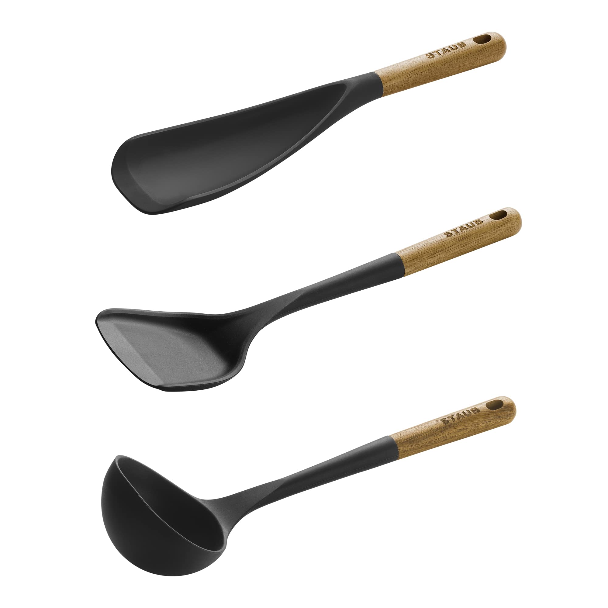 Staub Silicone With Wood Handle Cooking Utensil Set, Matte Black, 3-Pc