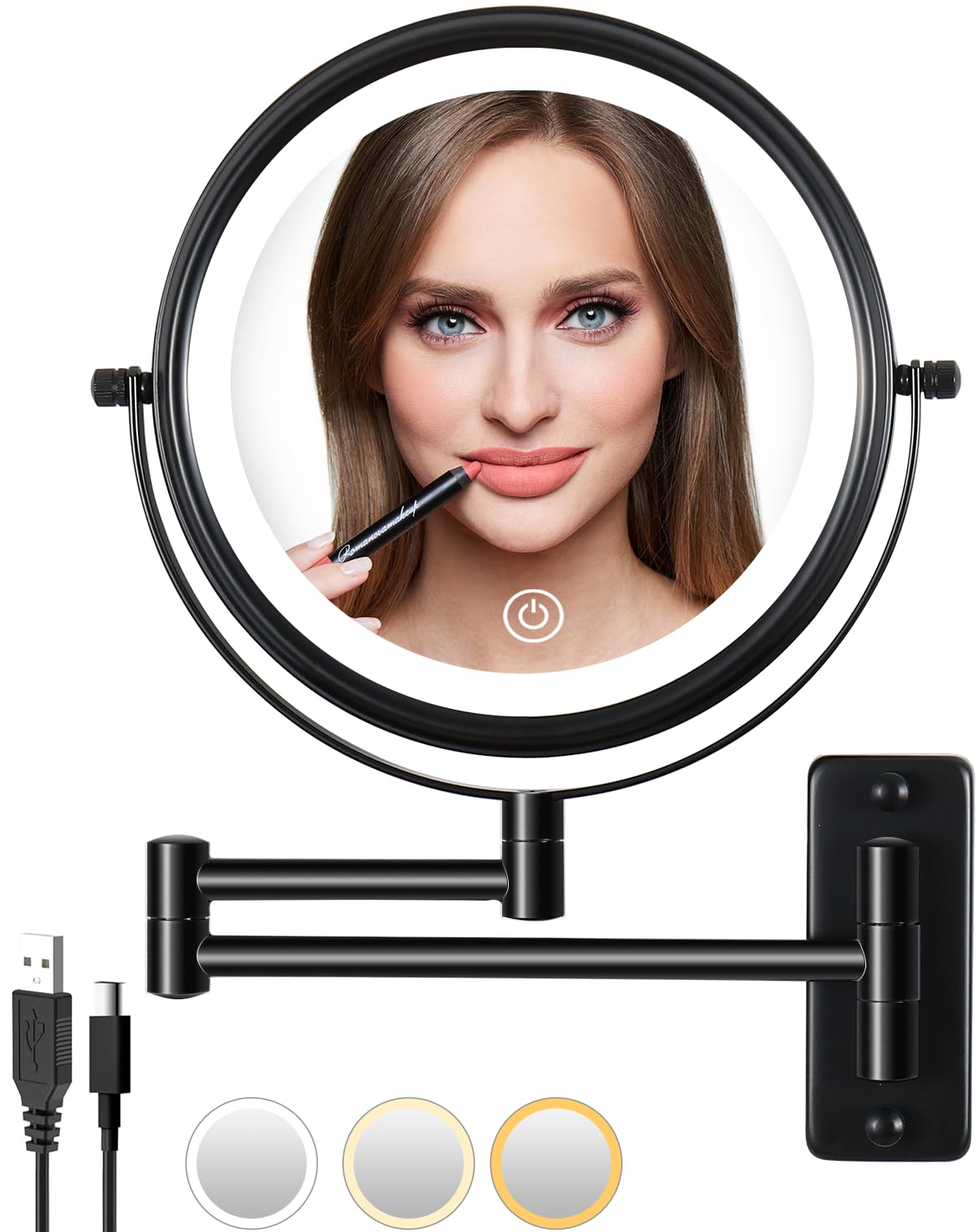 LANSI Rechargeable Wall Mounted Lighted Makeup Mirror  Mounted Makeup Magnifying Mirror with Lights 10X LED Vanity Mirror Wall Mounted  8'' Wall Bathroom Light Up Magnified Mirror (Black)