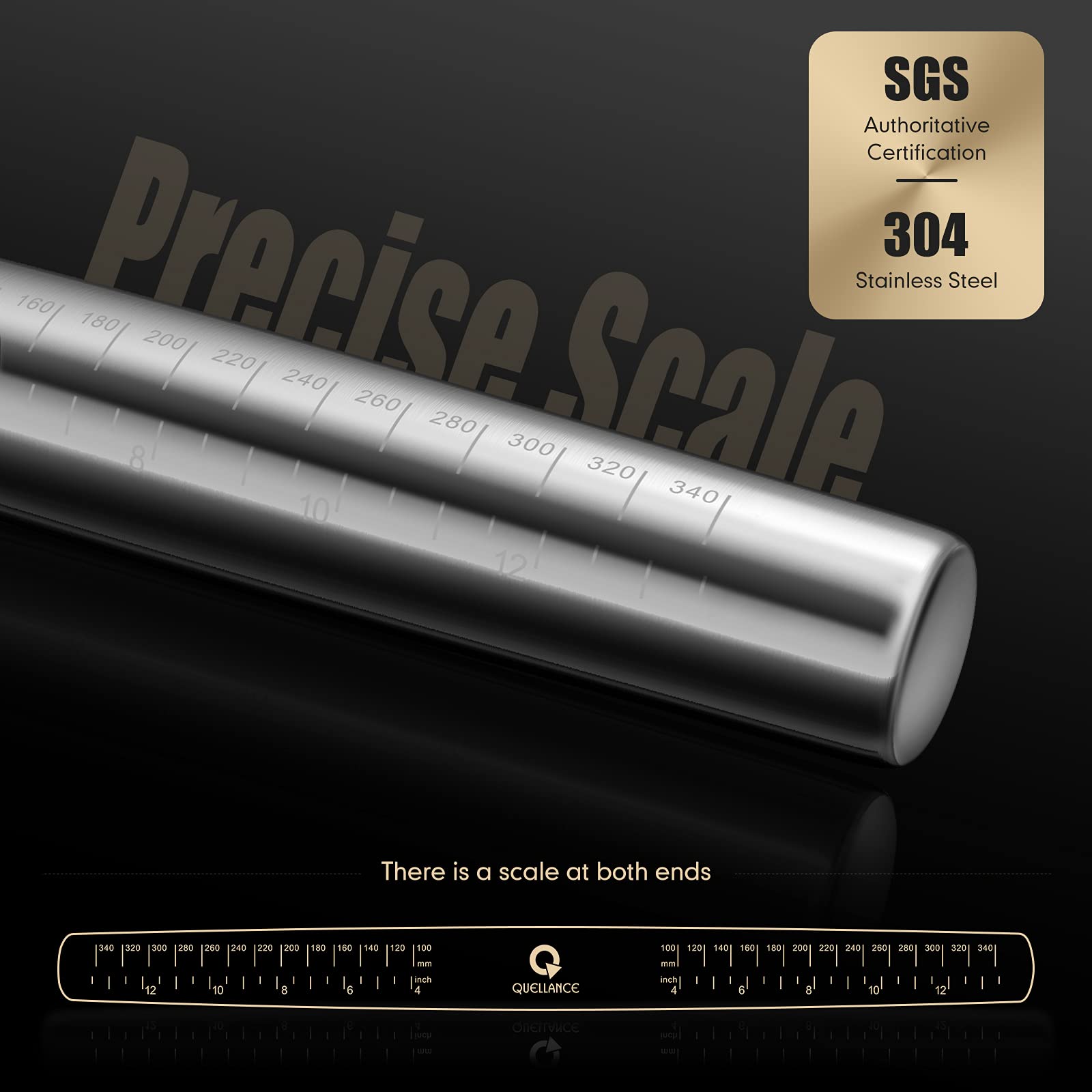 QUELLANCE French Rolling Pin, 16" Stainless Steel Dough Roller, Silver, Model 8541885853