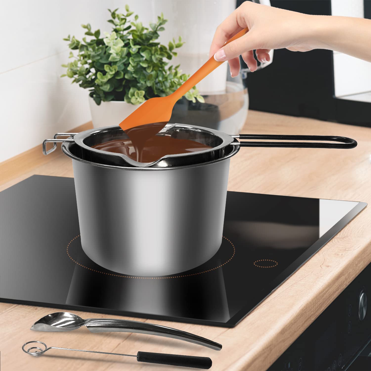 Artcome Double Boiler Melting Pot Set - 600Ml/0.6Qt Chocolate Melting Pot, 1600Ml/1.7Qt Stainless Steel Pot, Decorating Spoons,