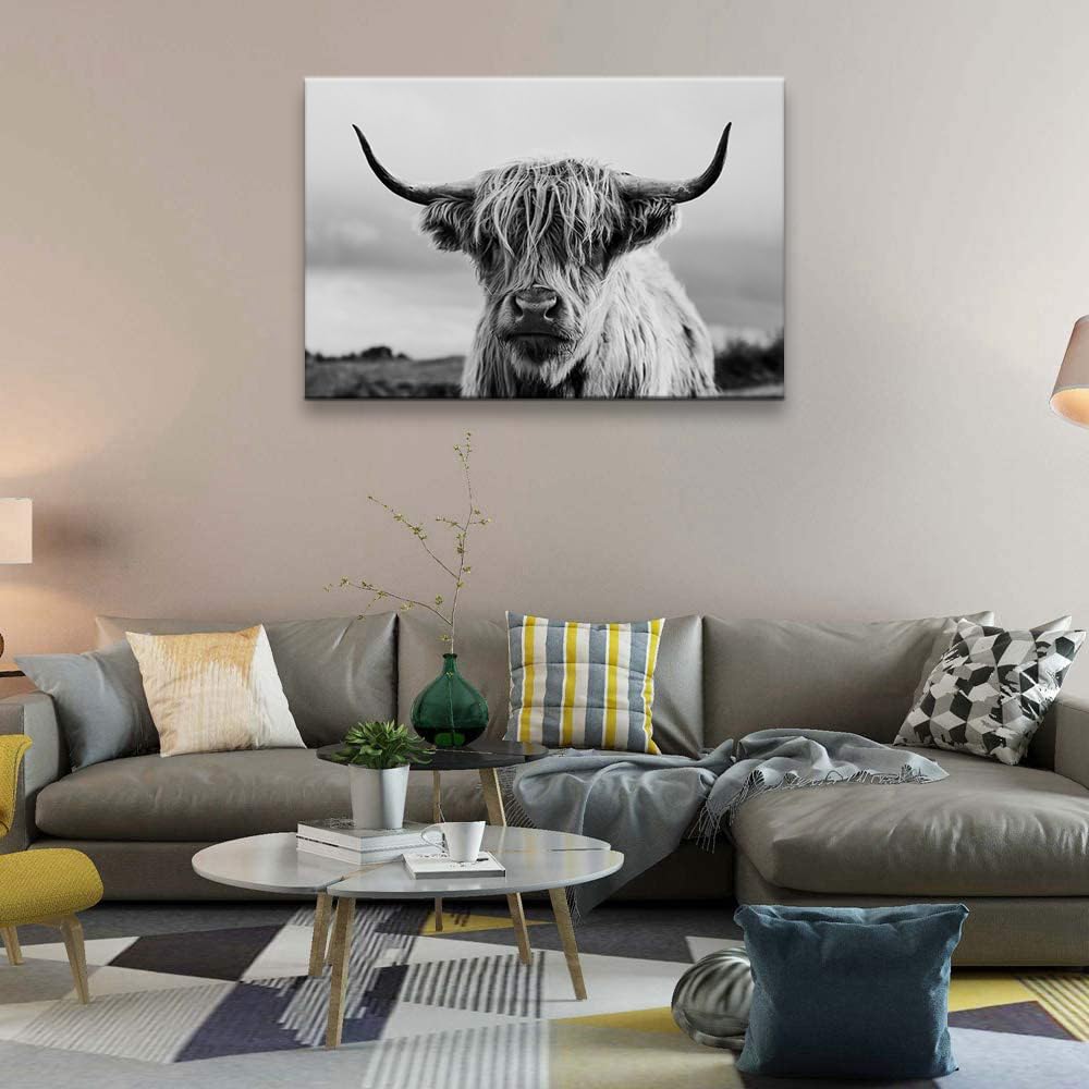 Highland Cow Wall Art Canvas Print Black And White Animal Canvas Picture Framed Art Wall Decor For Bedroom Bathroom (16X24 Inch)