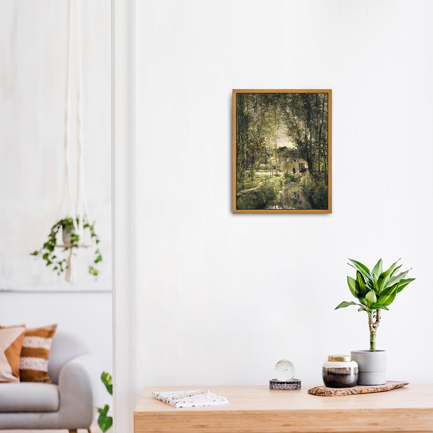 Roslynity Framed Canvas Wall Art Vintage Print Oil Paintings Landscape With A Sunlit Stream Country Rustic Summer Green French R