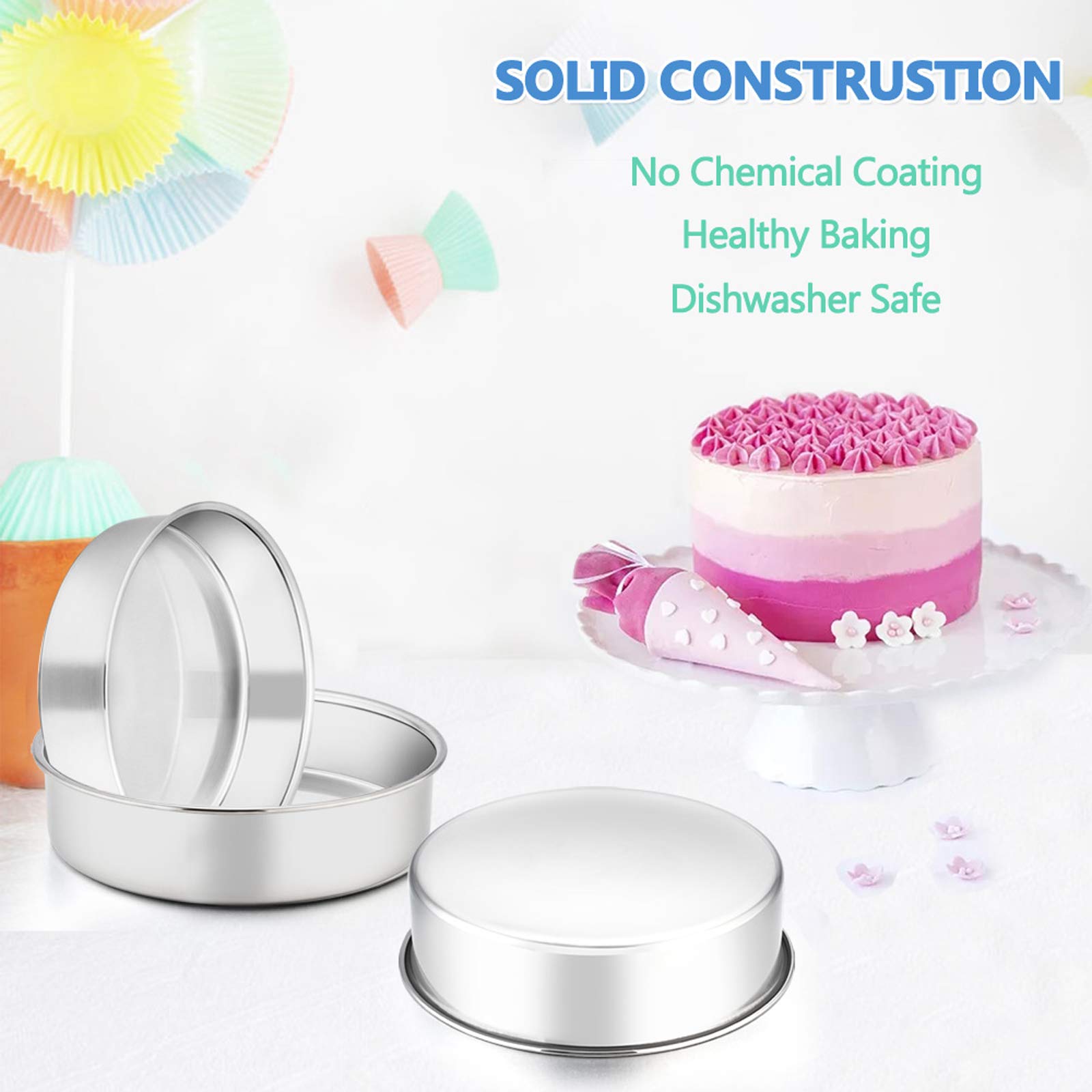 E-Far 6 Inch Cake Pan Set Of 3, Stainless Steel Round Smash Cake Baking Pans Tins, Non-Toxic & Healthy, Mirror Finish & Dishwash