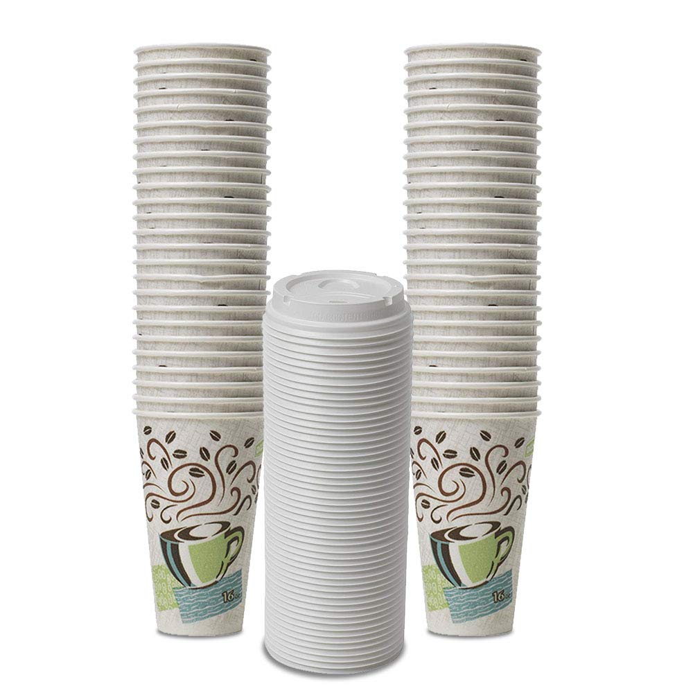 Duracasa Dixie Perfectouch Wisesize Coffee Design Insulated Paper Cup, 12Oz Cups, Lids Drinking/Stirring Straws Bundle (12 Oz, 5