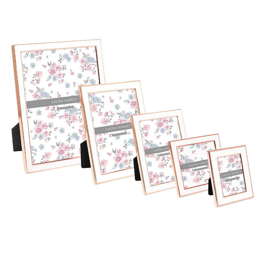 Laura Ashley 5x7 White Enamel Picture Frame, Rose Gold Metal Edge with Easel, for Countertop, Counterspace, Tabletop Display, Bo
