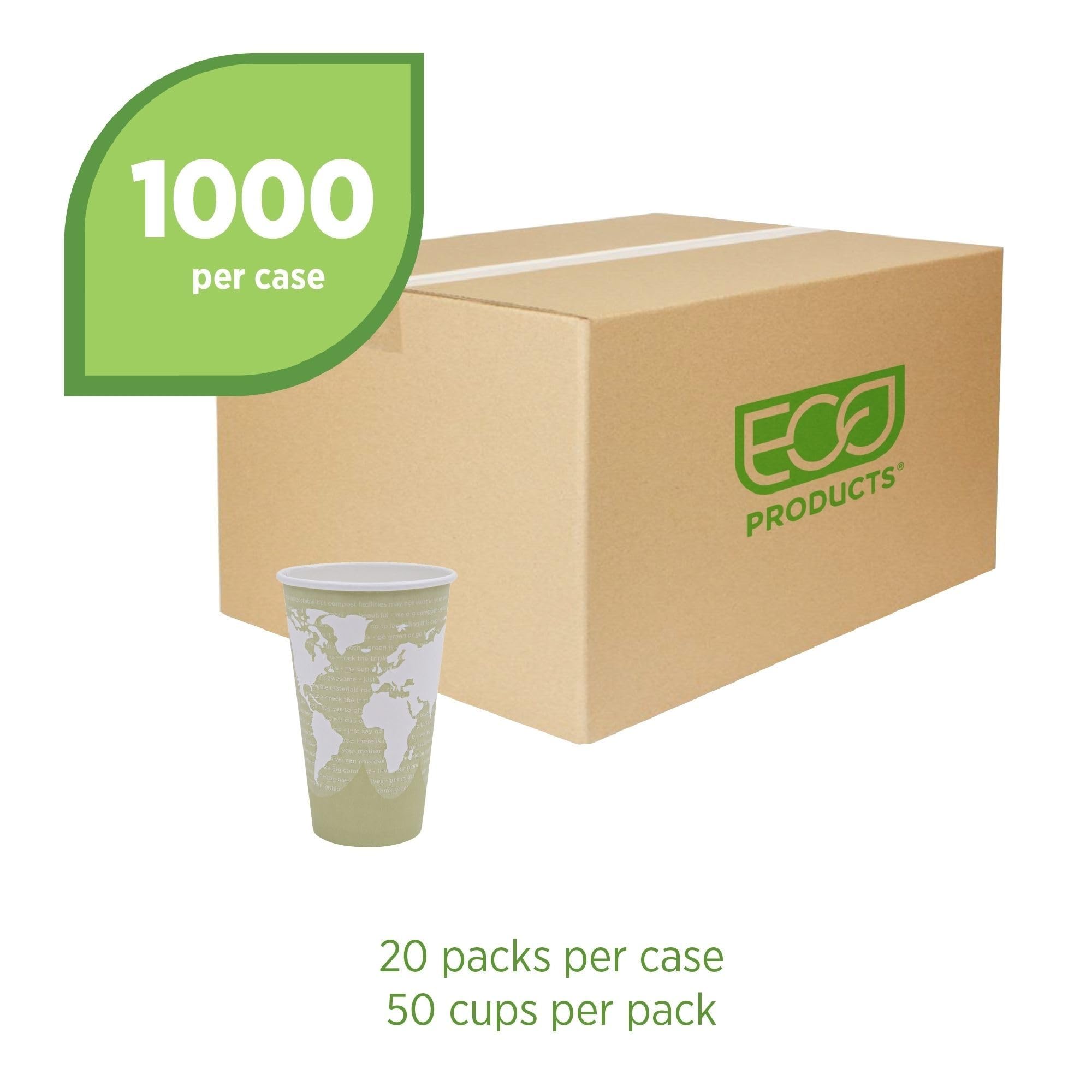 Eco-Products World Art Disposable Hot Coffee Cup, Eco-Friendly Compostable Pla Lined Take Out Paper Cup, 16 Fl Oz, Case Of 1000