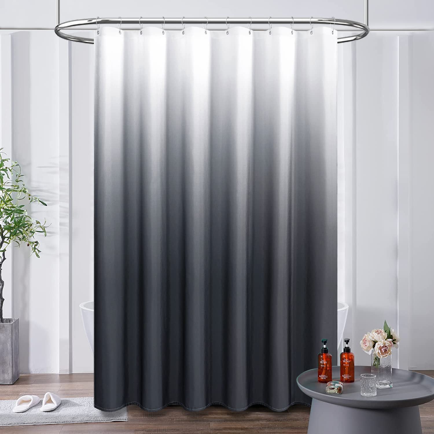 Bttn Grey/Gray Shower Curtain, Ombre Linen Textured Heavy Duty Fabric Shower Curtain Set With Plastic Hooks, Modern Hotel Chic D
