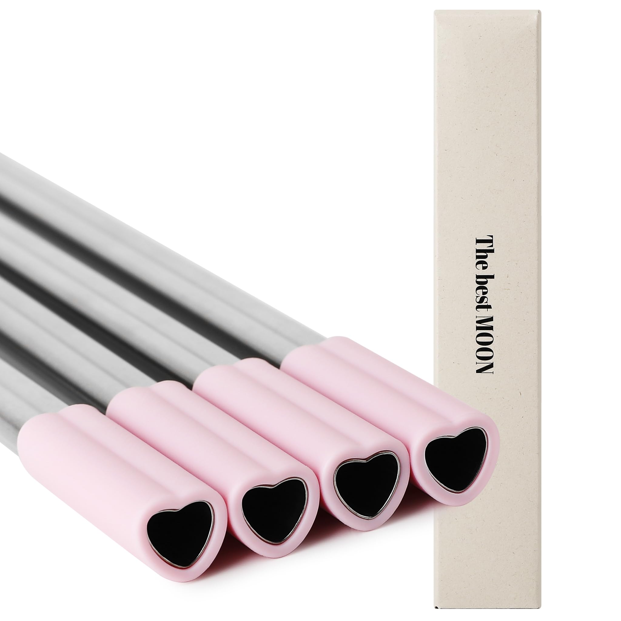 The Best Moon Heart Shaped Stainless Steel Reusable Metal Straws With Pink Silicone Tips (Set Of 4 Straws) For Coffee Tumbler 20