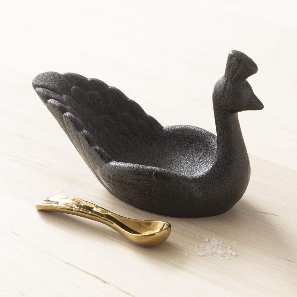 Floor | 9 Black Peacock Mini Ceramic Bowl With Gold Spoon