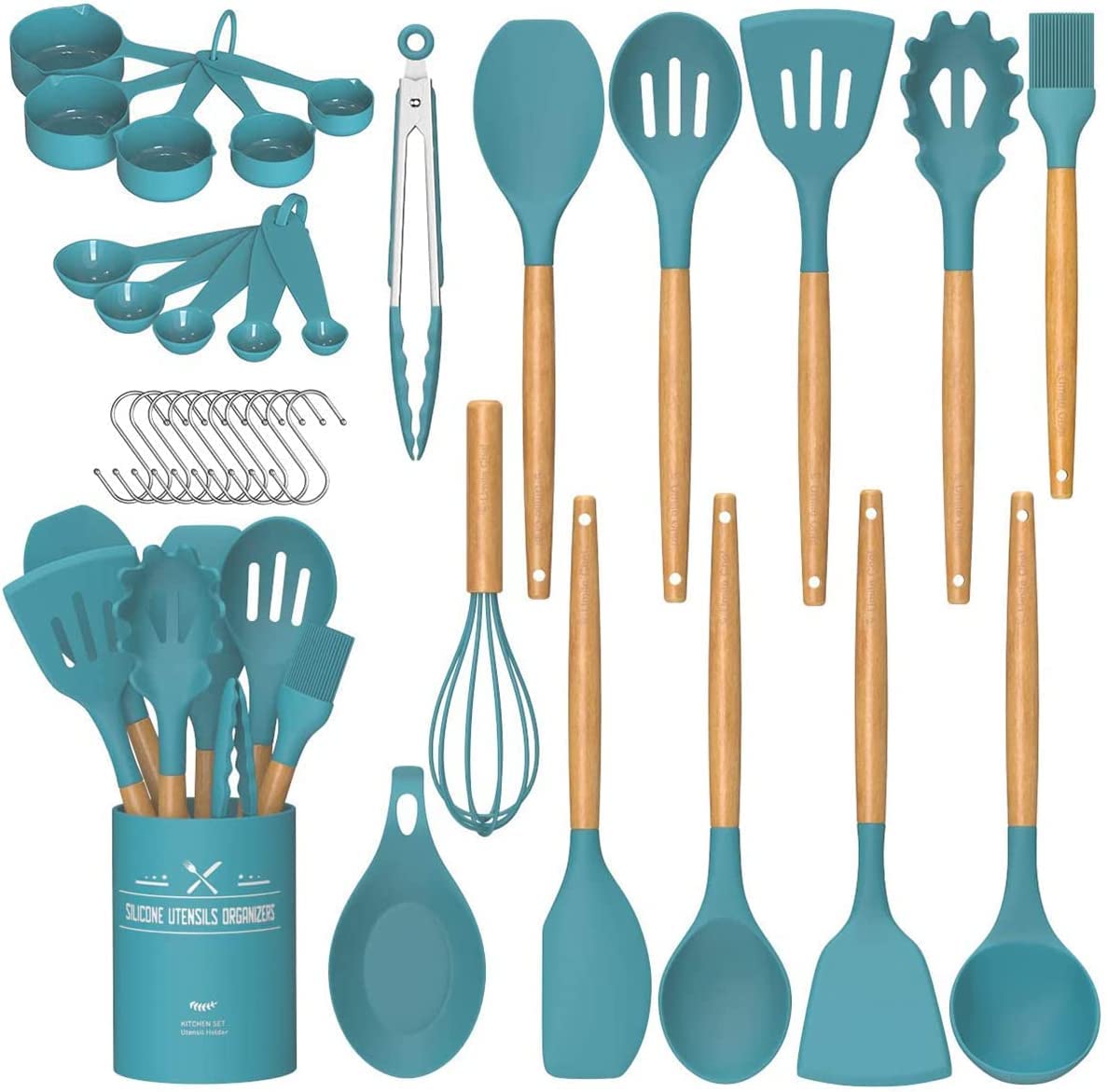 Umite Chef Kitchen Utensils Set, Non-Stick Silicone Kitchen Utensils, Spatula Set With Holder, Wooden Handle, Heat Resistant Sil
