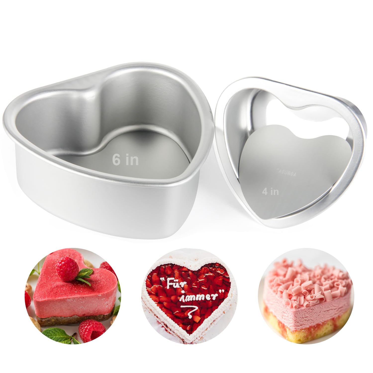 Taounoa Heart Shaped Cake Pans For Valentine'S Day And Home Baking, 4 Inch And 6 Inch Set Of 2, Aluminum Cake Pans With A Remova