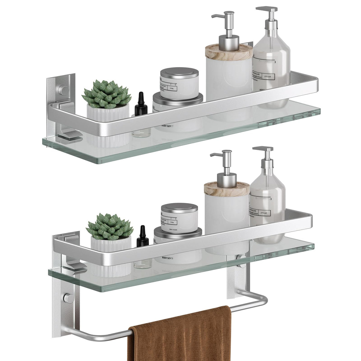 Danpoo Bathroom Shelves Wall Mounted, Clear Tempered Glass Shelf With Towel Bar, Hand Towel Holder(Matte Silver)