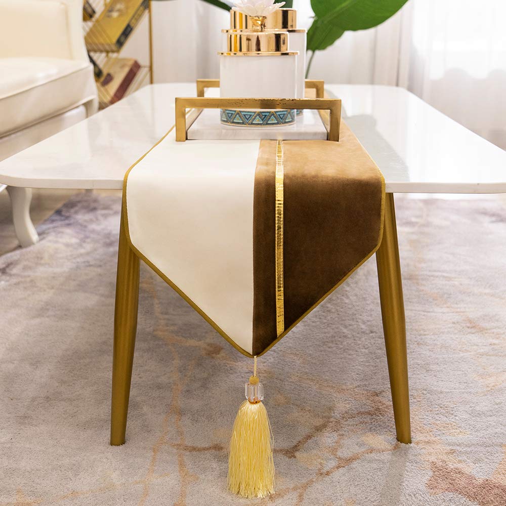 Avigers 12 X 78 Inch Decorative Luxury Brown White Gold Leather Striped Patchwork Velvet Table Runners With Tassels For Home Liv