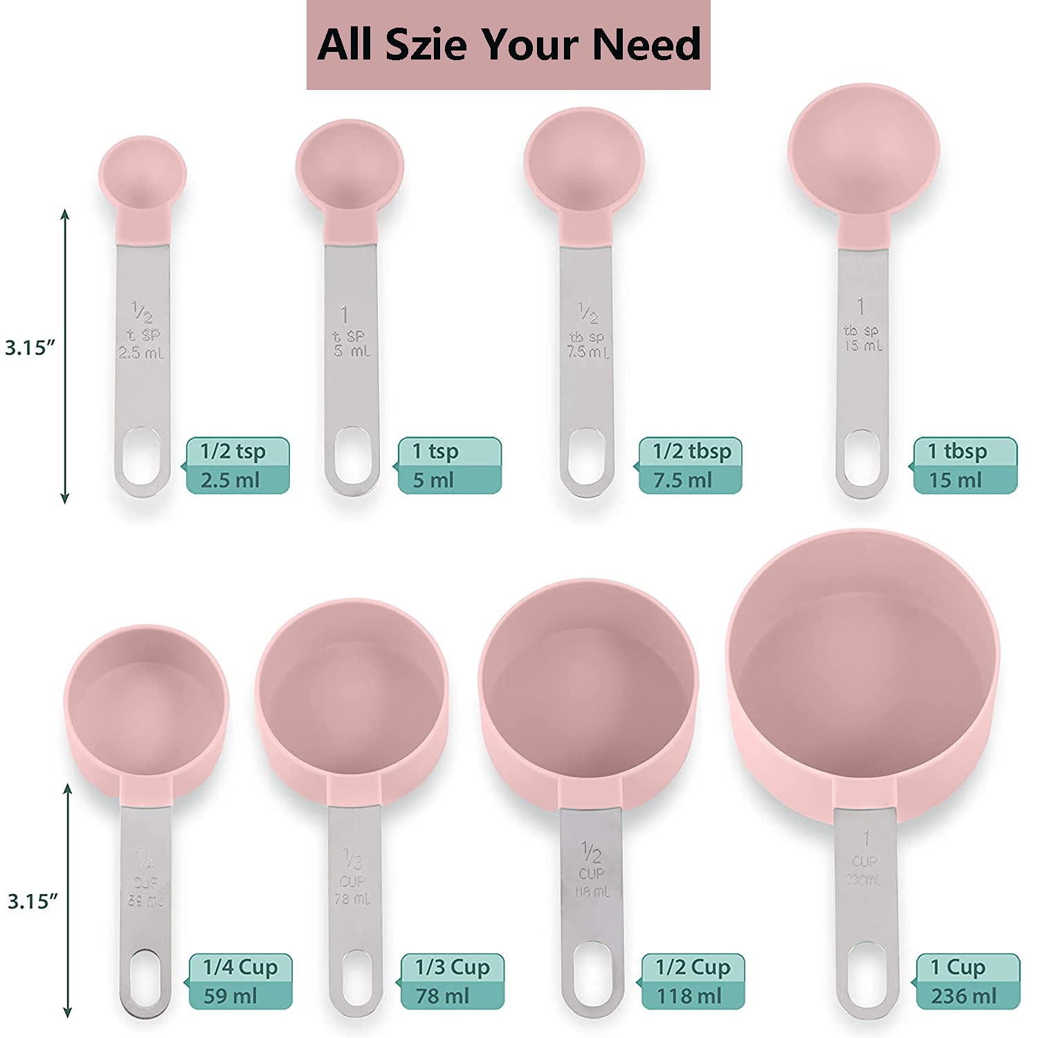 8 Pieces Measuring Cups And Spoons Set / Nesting Measuring Cups With Stainless Steel Handle / For Dry And Liquid Ingredient (Lig