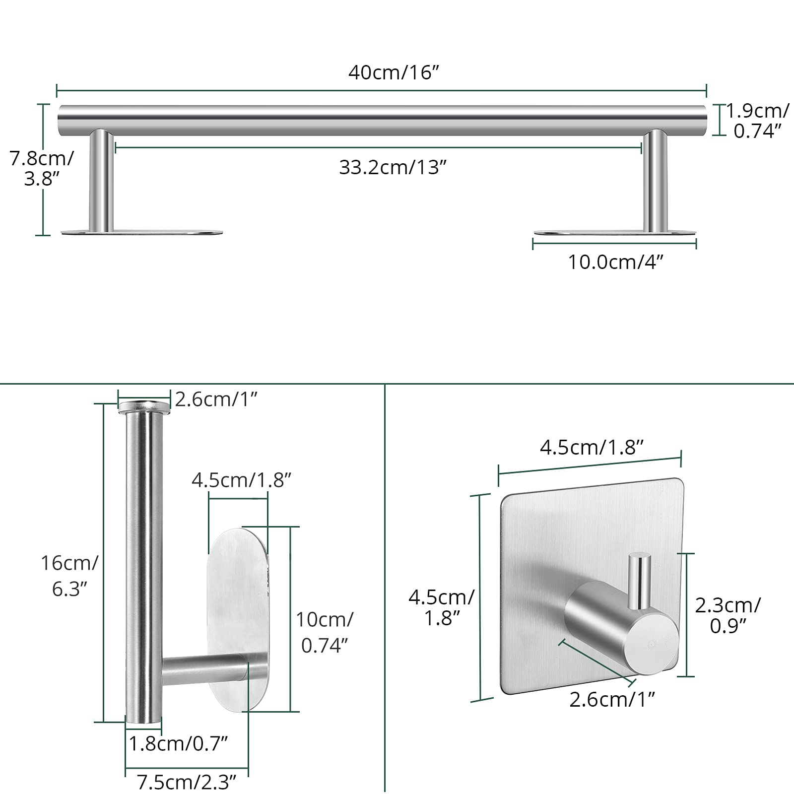 Self Adhesive Towel Bar  JiGiU Bathroom Hardware Set Include 16-Inch Bath Towel Bar Toilet Paper Holder & 3 Packs Towel Hooks SUS304 Stainless Steel Wall Mount No Drill Sticky on Towel Holder Kit