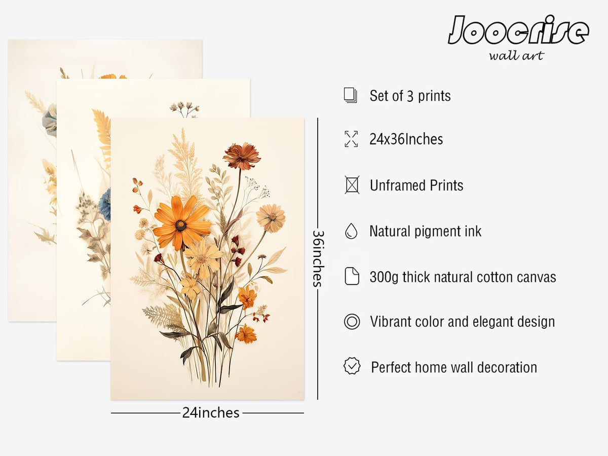 Botanical Floral Wall Art Set Of 3 Vintage Wildflower Canvas Wall Deco ...