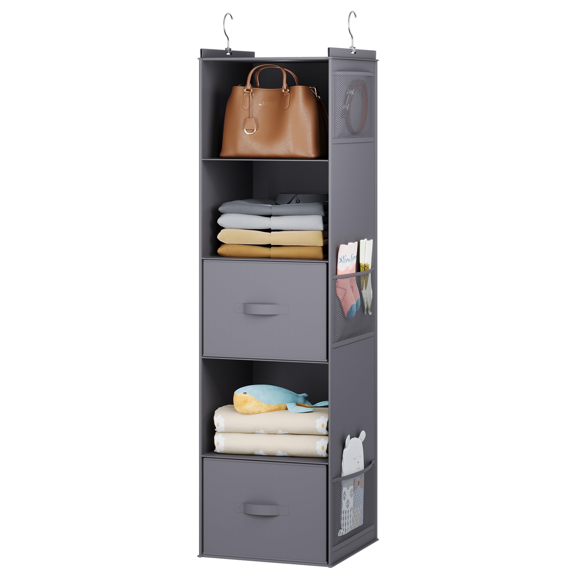 Youdenova Hanging Closet Organizer, 5 Tier Hanging Closet Shelves With Drawers And 6 Side Pockets, Grey