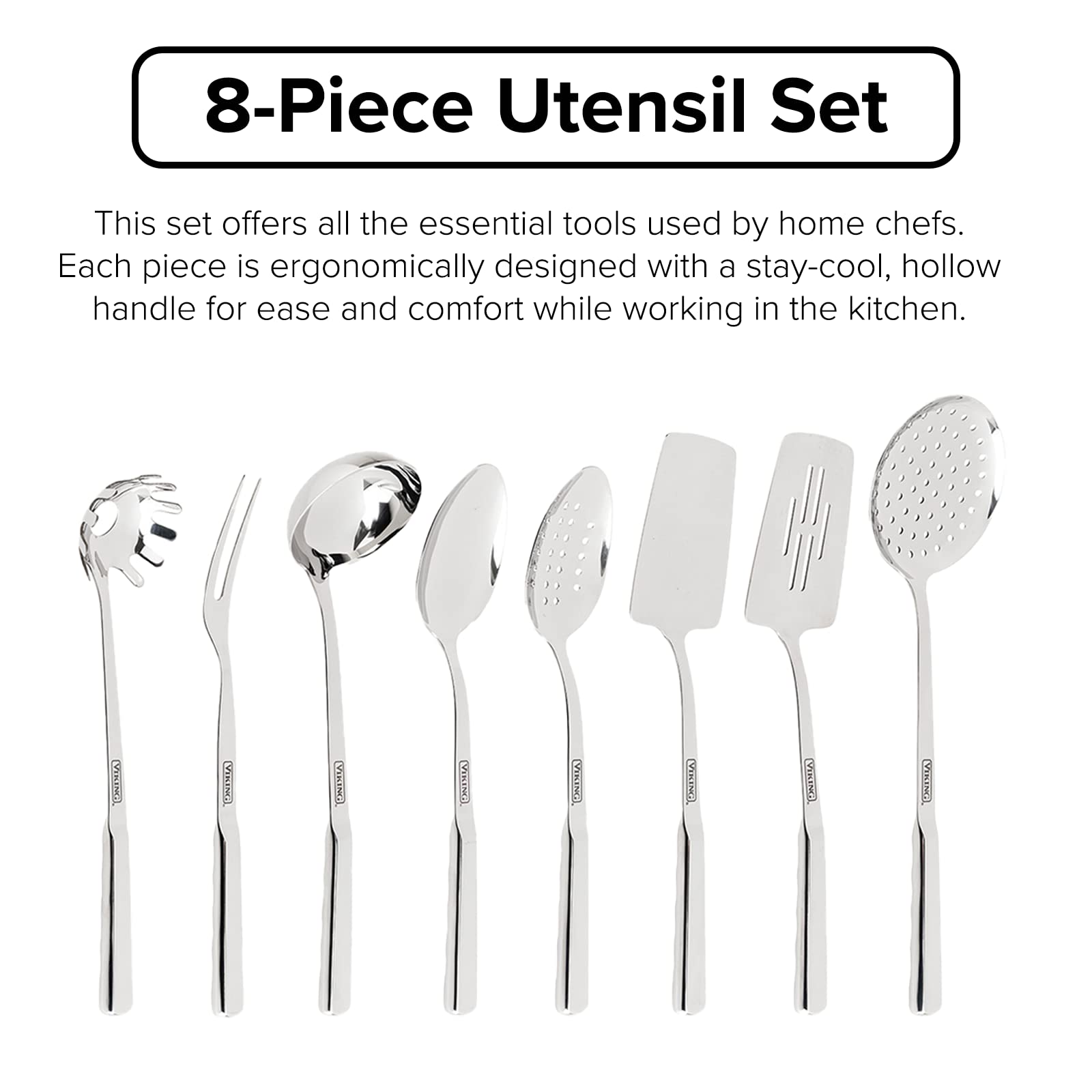 Viking Culinary 304 Stainless Steel Kitchen Utensil Set, Ergonomic Stay-Cool Handles, Dishwasher Safe, Silver, 8 Piece