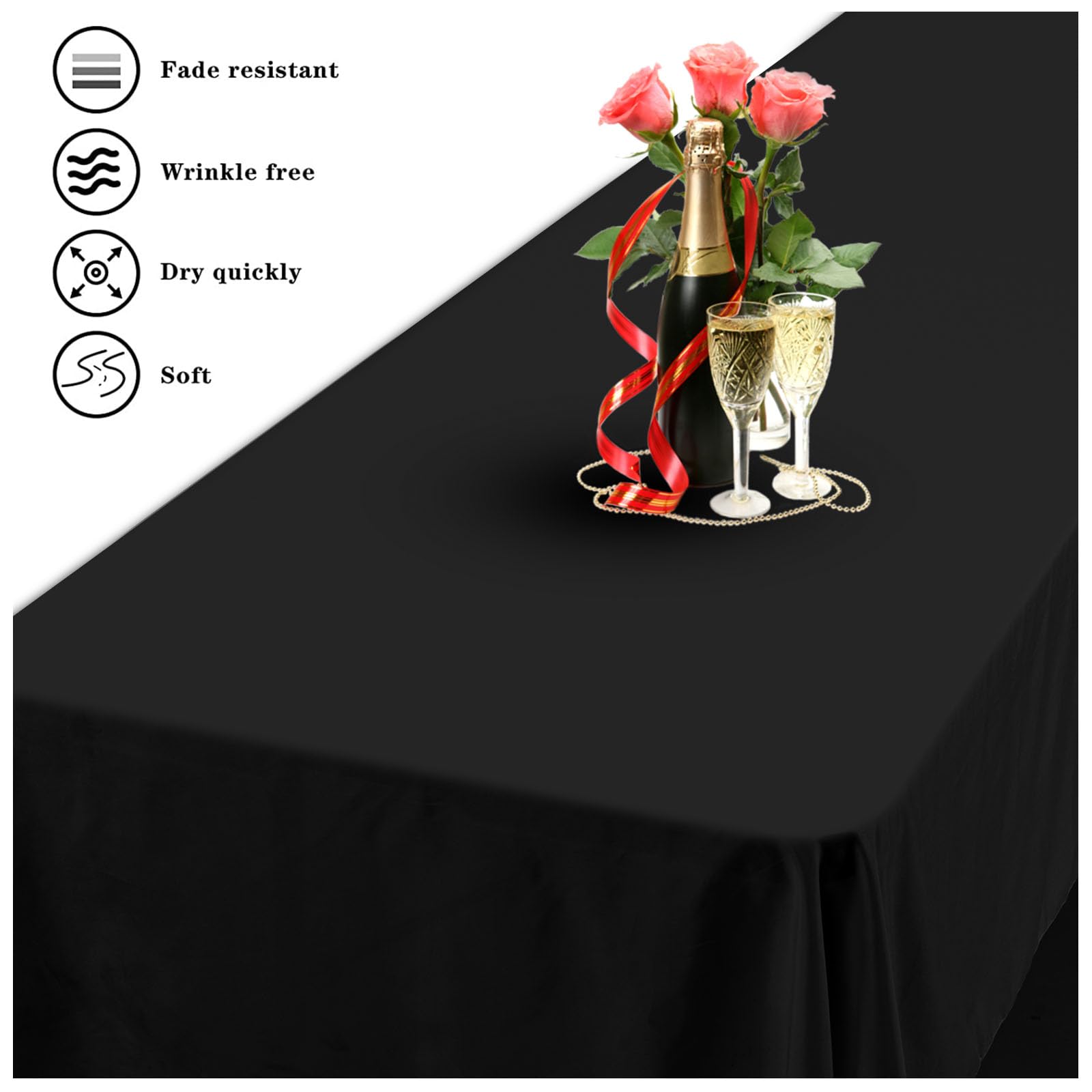 6 Pack Polyester Tablecloth For 6-8 Foot Rectangle Tables,72 X120 Inch Black Polyester Table Clothes Table Covers, Washable Blac