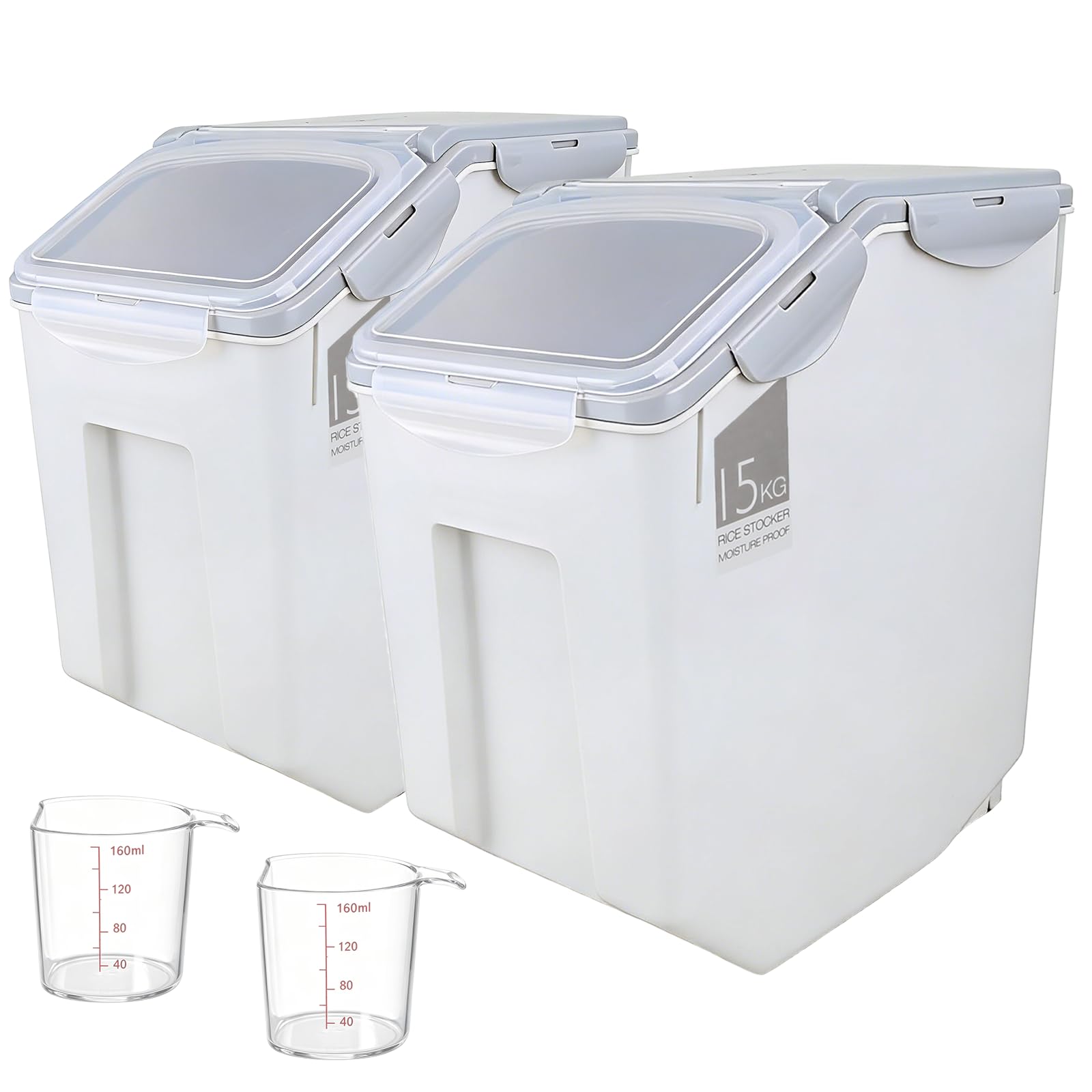 2 Pack Food Storage Container Bin 25Lb, 2  15L Airtight Rice Storage Containers with 2 Measuring Cups,Food Containers with Whe