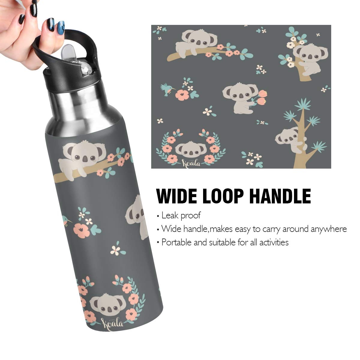 Cute Koala Water Bottle Kids Stainless Steel Vacuum Insulated Water Flask Sandard Mouth Bottle With Wide Handle