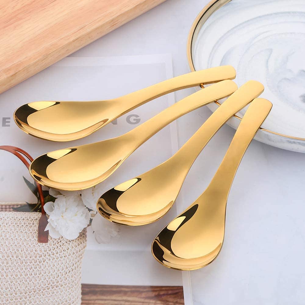 Chinese Metal Soup Spoons And Chopsticks Set For 4 People, Reusable Stainless Steel Ramen Short Handle Spoon Set Asian, Christma