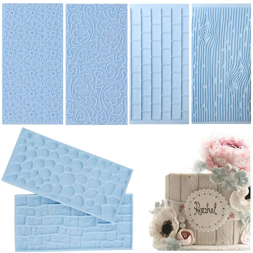 Joersh 6 Pack Fondant Texture Mats Wood Grain Brick Castle Wall Cobblestone Texture Design Mold Fondant Molds For Clay, Chocolat