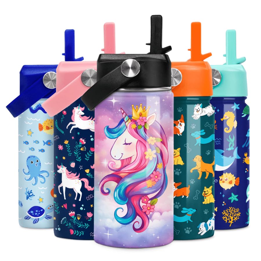 Unicorn Kids Water Bottle Insulated Water Bottles 12Oz With Straw Stainless Steel Travel School Tumbler Double Wall Vacuum Cup F