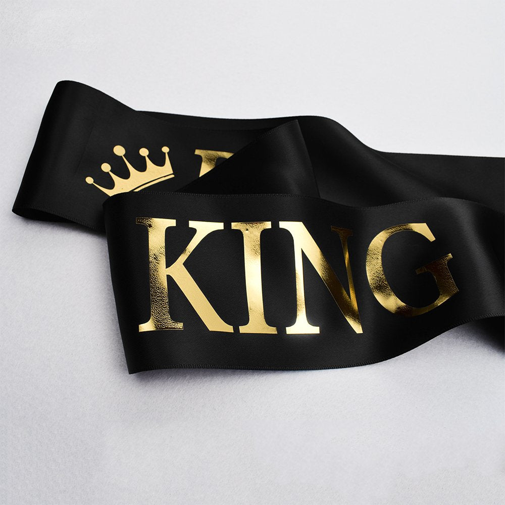 'Prom King'' And ''Prom Queen'' Sashes - Graduation Party School Party Accessories, Black With Gold Print