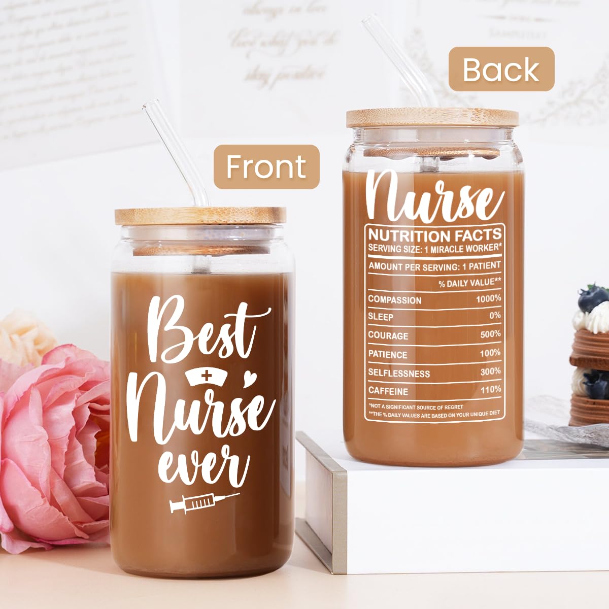 SANDJEST Nurse Cup 16 Oz Glass Can with Bamboo Lid and Straw - Nurse Gifts for Women - Appreciation Nursing Gifts for Female on