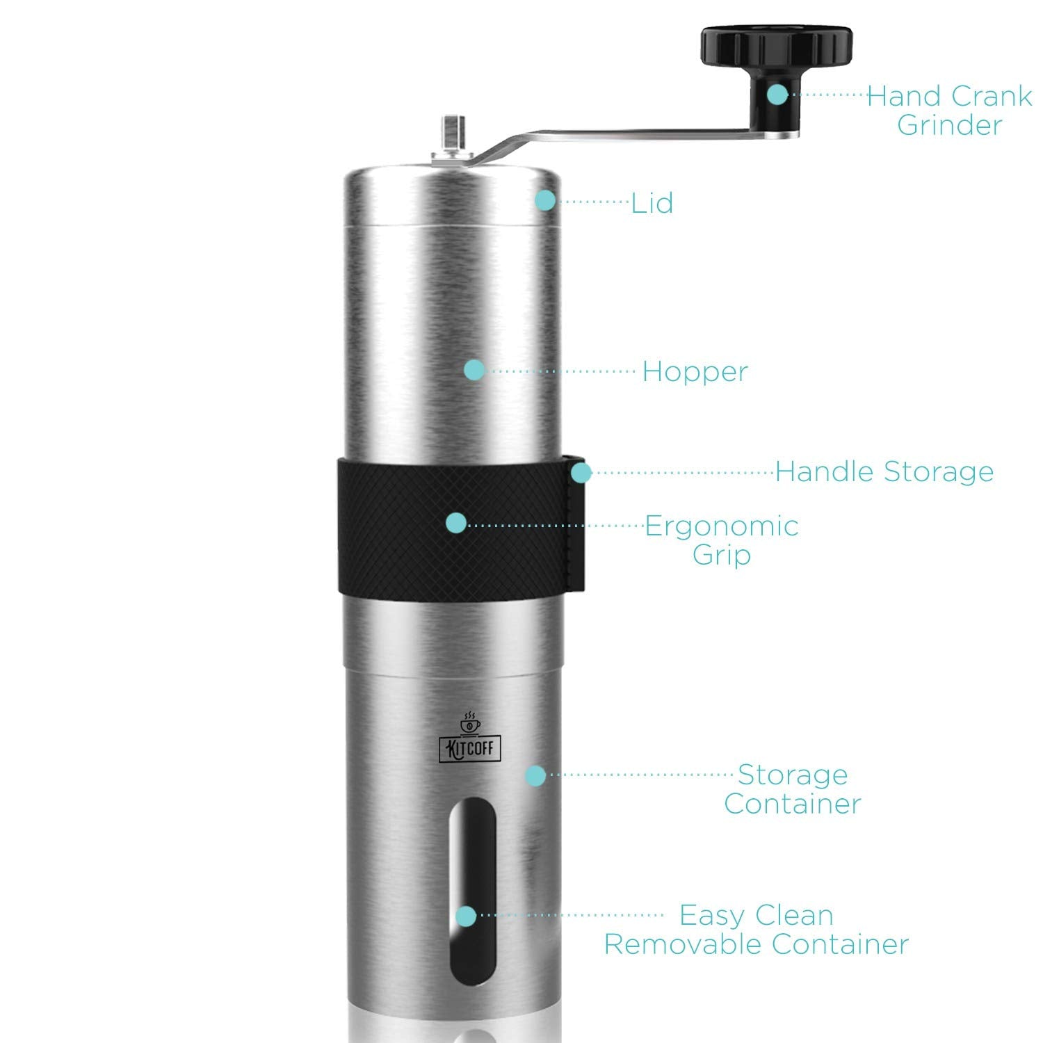 Kitcoff Manual Coffee Grinder - Hand Beans Mill With 18-Click Settings, Stainless Steel Body With Ceramic Burr & Ergonomic Grip,